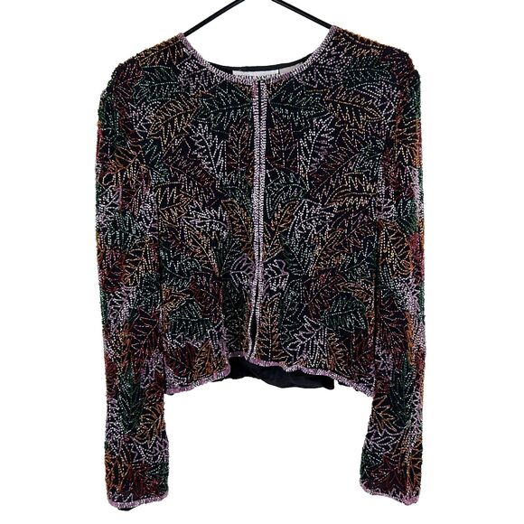 Night Vogue Vintage Silk Fall Leaf Beaded Jacket Cardigan Black Orange Green XL - Picture 1 of 16